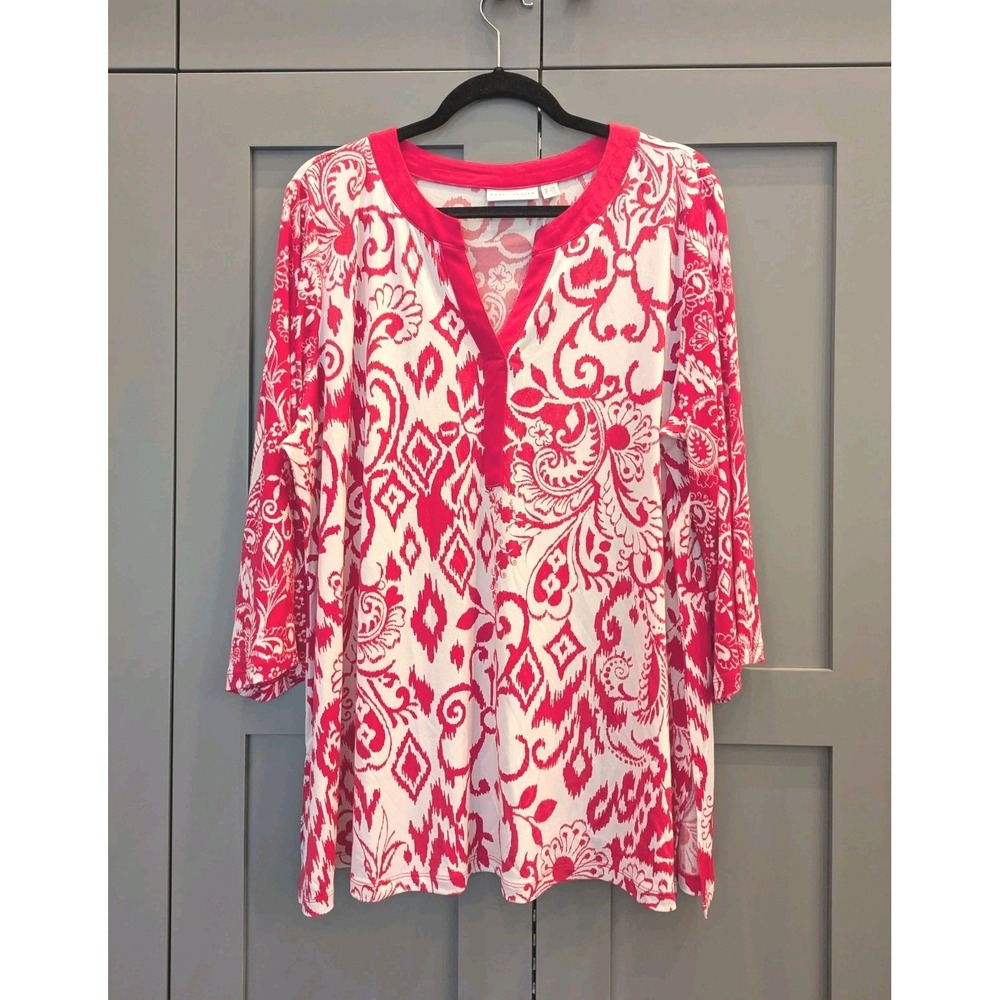 Susan Graver Tunic Womens 2XP Hot Pink White Ikat Print 3/4 Sleeve Liquid Knit